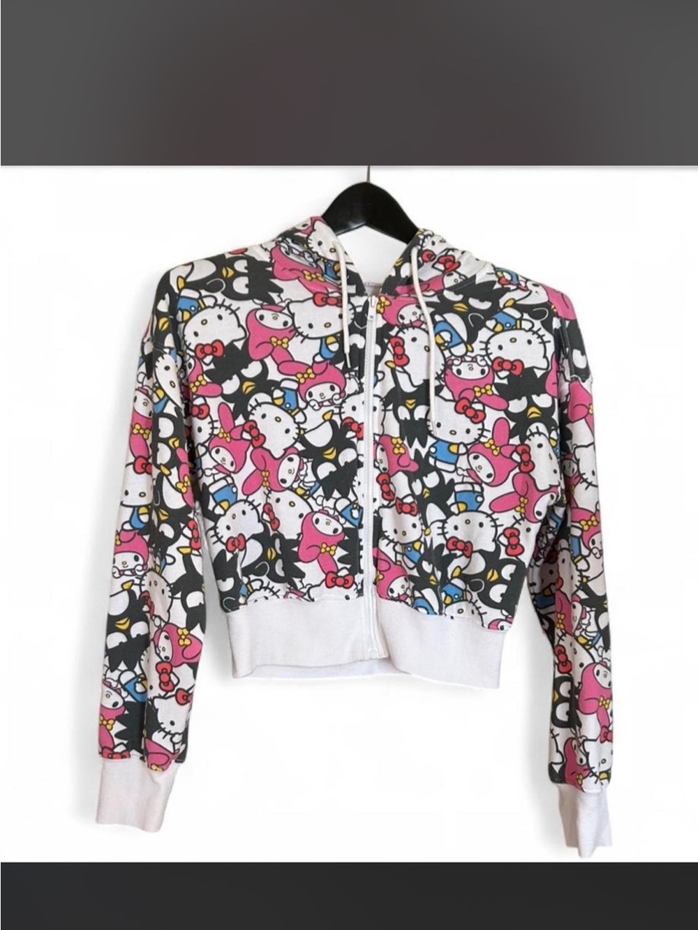Hello Kitty Cropped Zip-Up Hoodie in Pink, White & Black